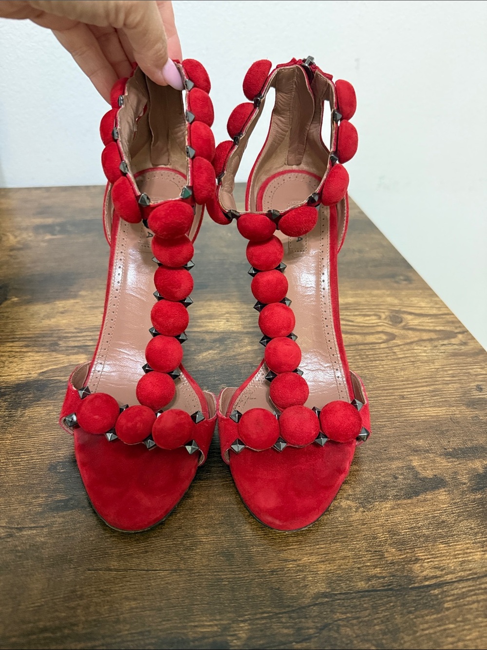 Alaïa Red Suede Beaded T-Strap Heels